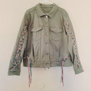 Pure Love World Green Jean Trucker Jacket Military Braided Oversized Bohemian